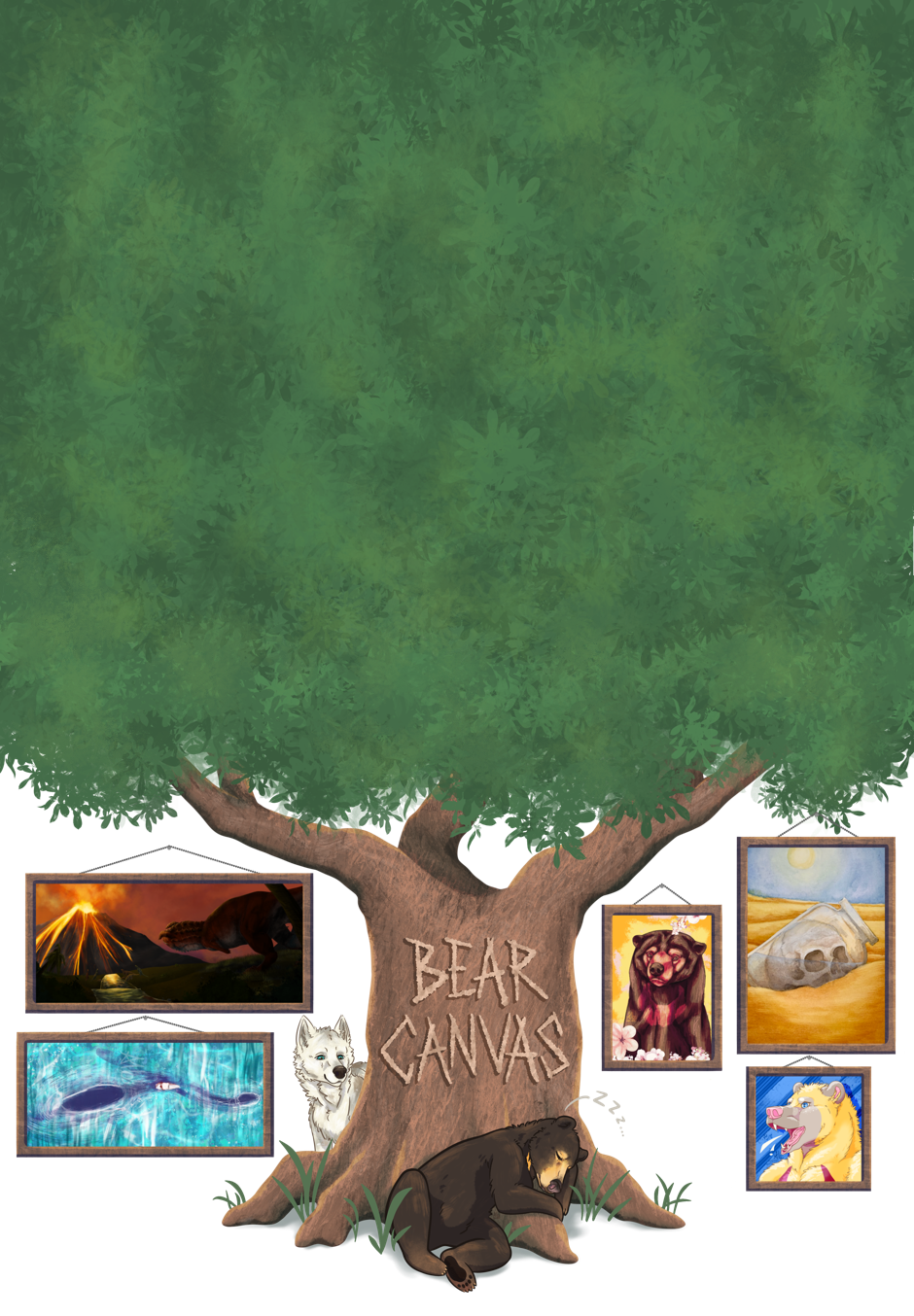 Bear Canvas Artisty carved into an old oak tree. A bear sleeps against the tree trunk, and a wolf looks caringly. Frames of different peices of artwork are hung variously on the website's background.