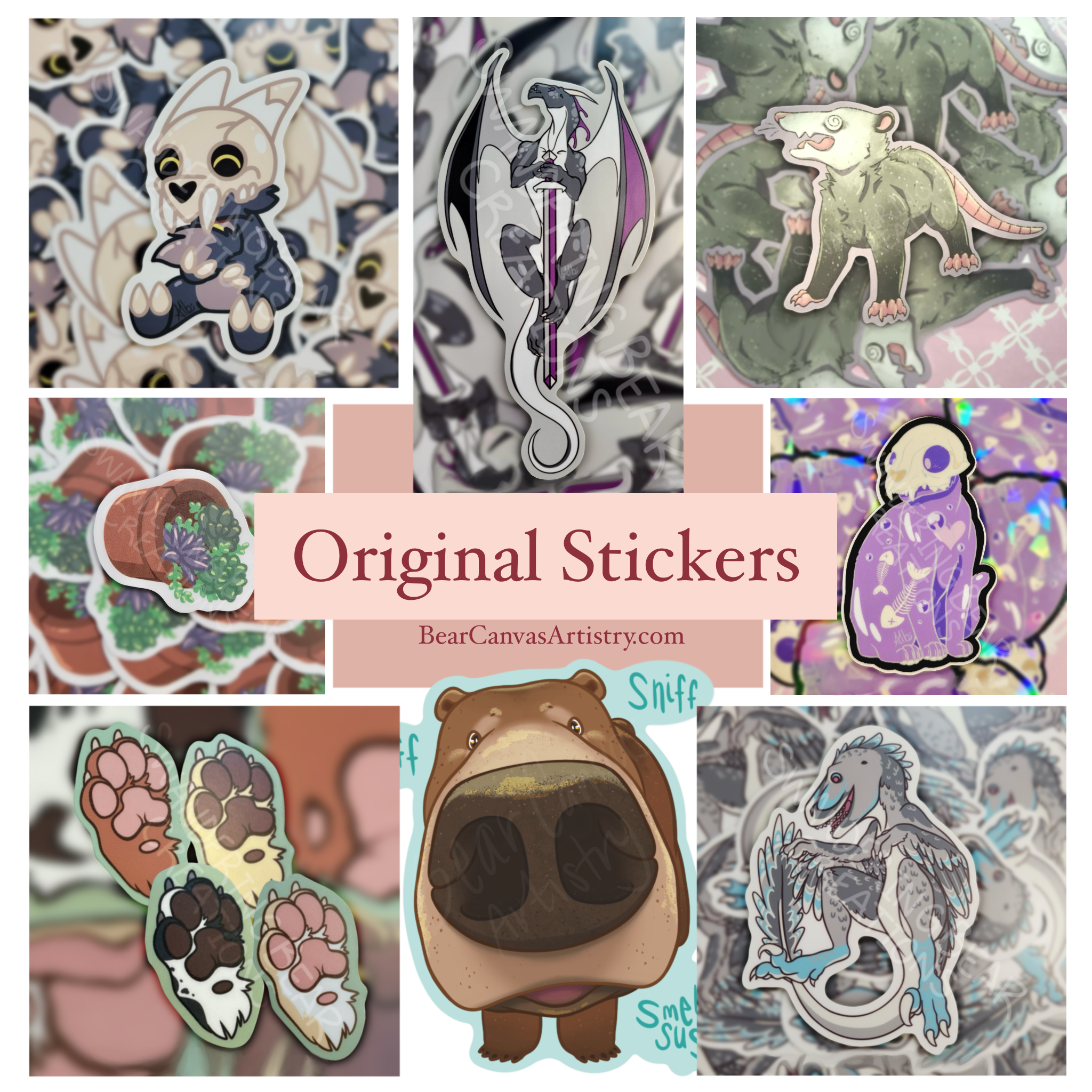 Collage of stickers with original artwork on them.