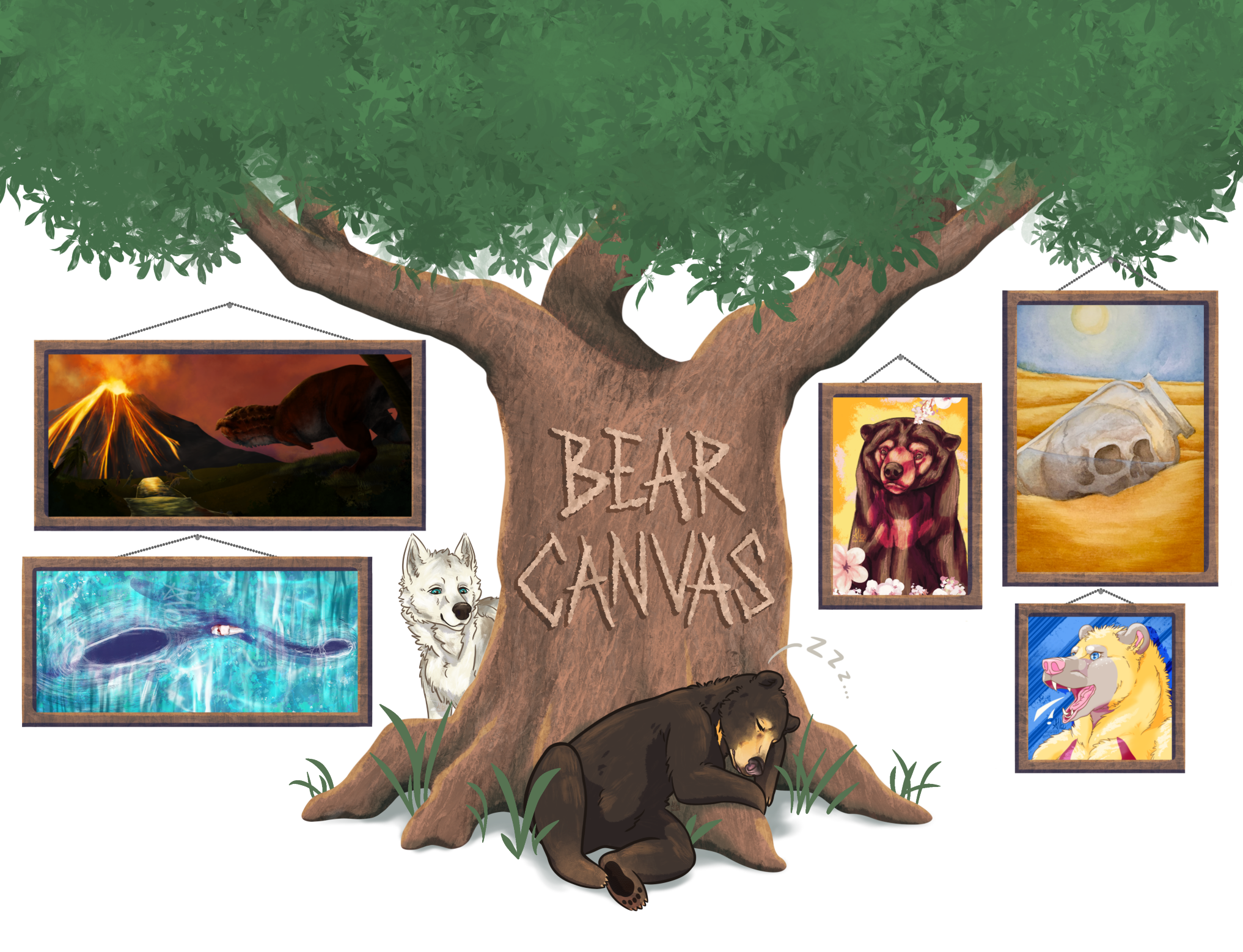 Bear Canvas Artisty carved into an old oak tree. A bear sleeps against the tree trunk, and a wolf looks caringly. Frames of different peices of artwork are hung variously on the website's background.